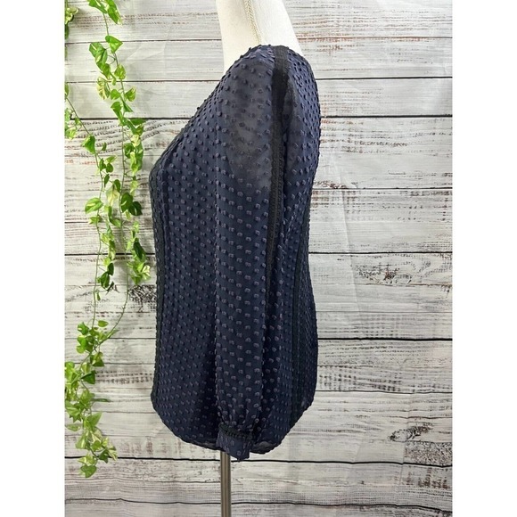 J Crew Blouse size 0 Navy Blue Lace Dotted Sheer Boho Peasant Prairie Modest - Picture 7 of 10